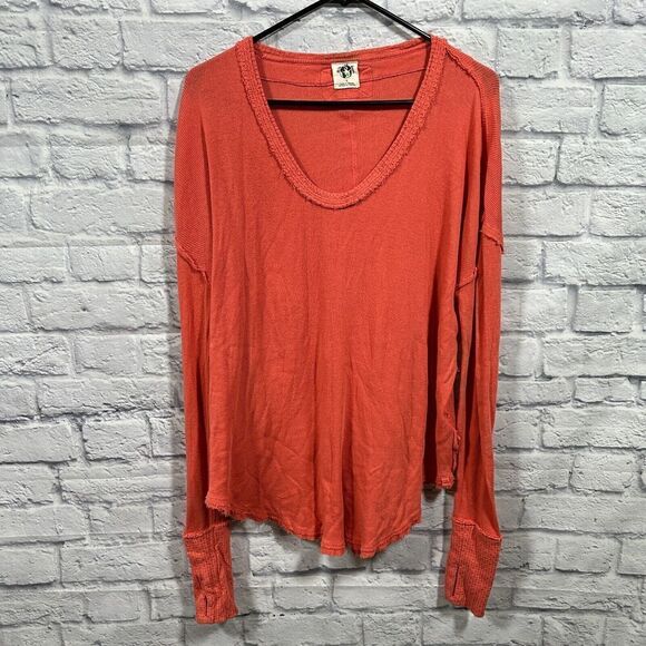 Free People Shirt Womens Small We The Free Colby Raw Edge Coral Orange - Picture 1 of 7
